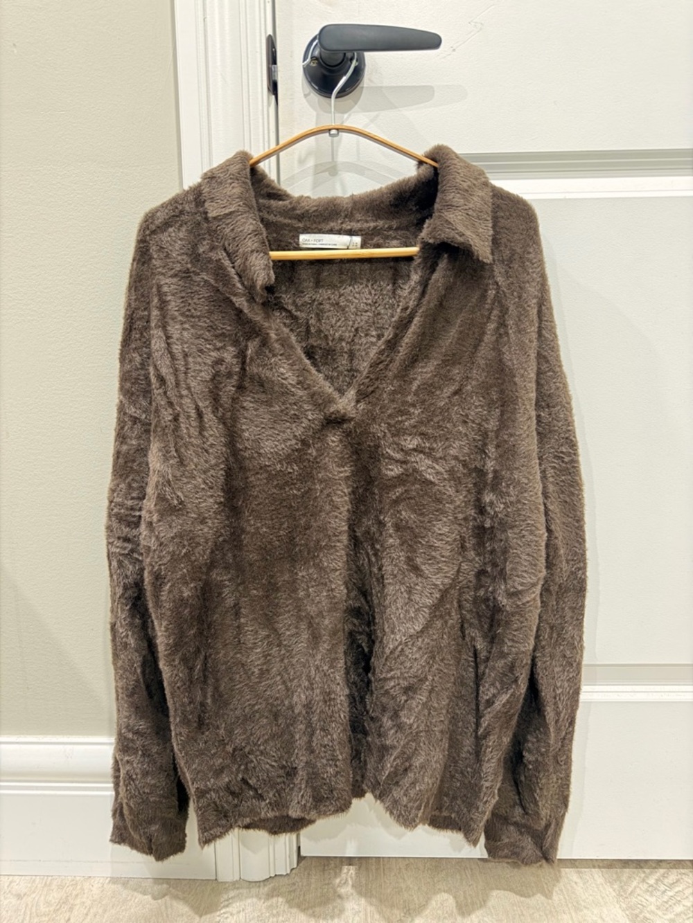 OAK +FORT Cozy Fuzzy Brown V-Neck Sweater